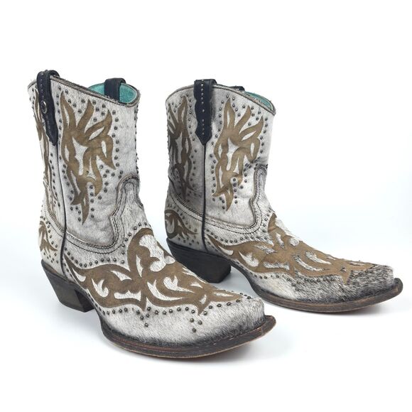 CORRAL Grey Fur Laser Studs Shortie Leather Boots Western Boho Cowgirl Rodeo 9.5 - Picture 4 of 12